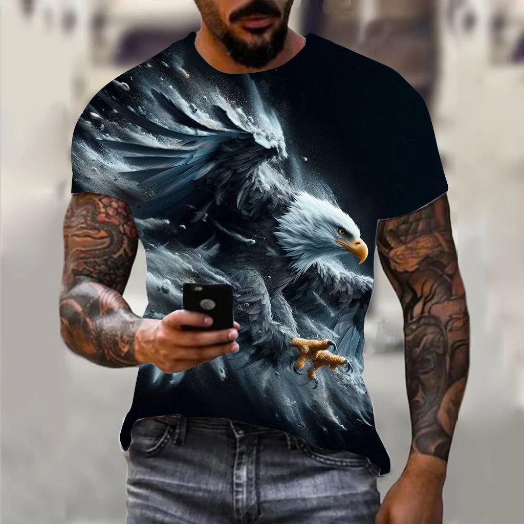 Harajuku Men's T-shirt Hip Hop Trend Street Casual Round Neck Short Sleeve Loose Top Fun 3D Animal Eagle Print T-shirt