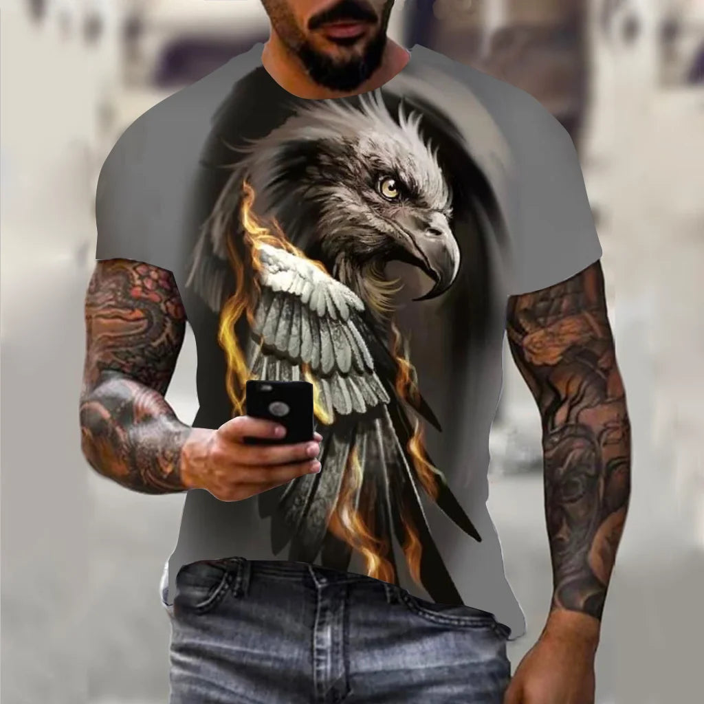 Harajuku Men's T-shirt Hip Hop Trend Street Casual Round Neck Short Sleeve Loose Top Fun 3D Animal Eagle Print T-shirt