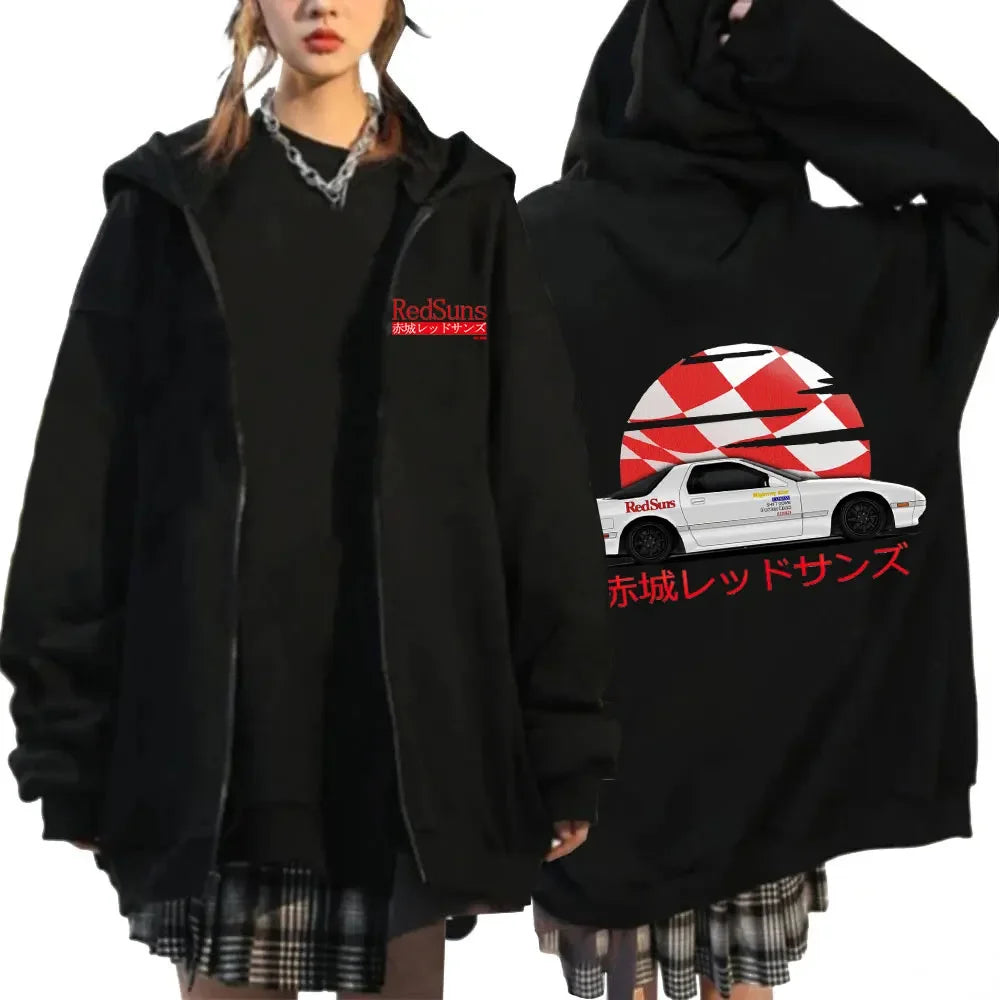 Anime Initial D Drift AE86 Zipper Hoodie Casual Vintage Zip Up Hooded Sweatshirts JDM Car Oversized Hoodies Cardigan Jacket Coat