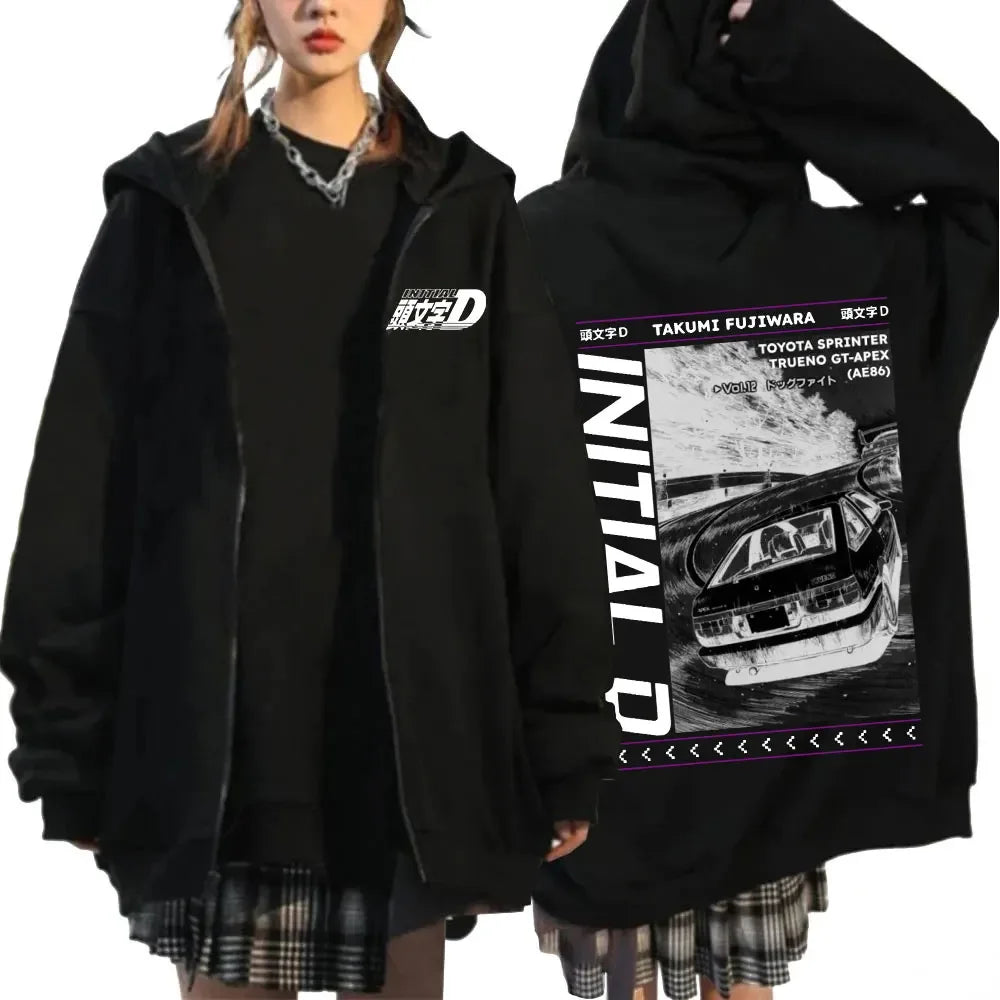 Anime Initial D Drift AE86 Zipper Hoodie Casual Vintage Zip Up Hooded Sweatshirts JDM Car Oversized Hoodies Cardigan Jacket Coat