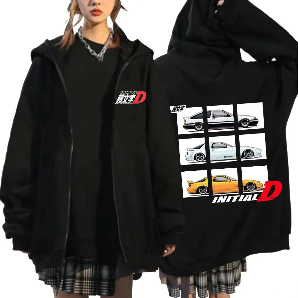 Anime Initial D Drift AE86 Zipper Hoodie Casual Vintage Zip Up Hooded Sweatshirts JDM Car Oversized Hoodies Cardigan Jacket Coat
