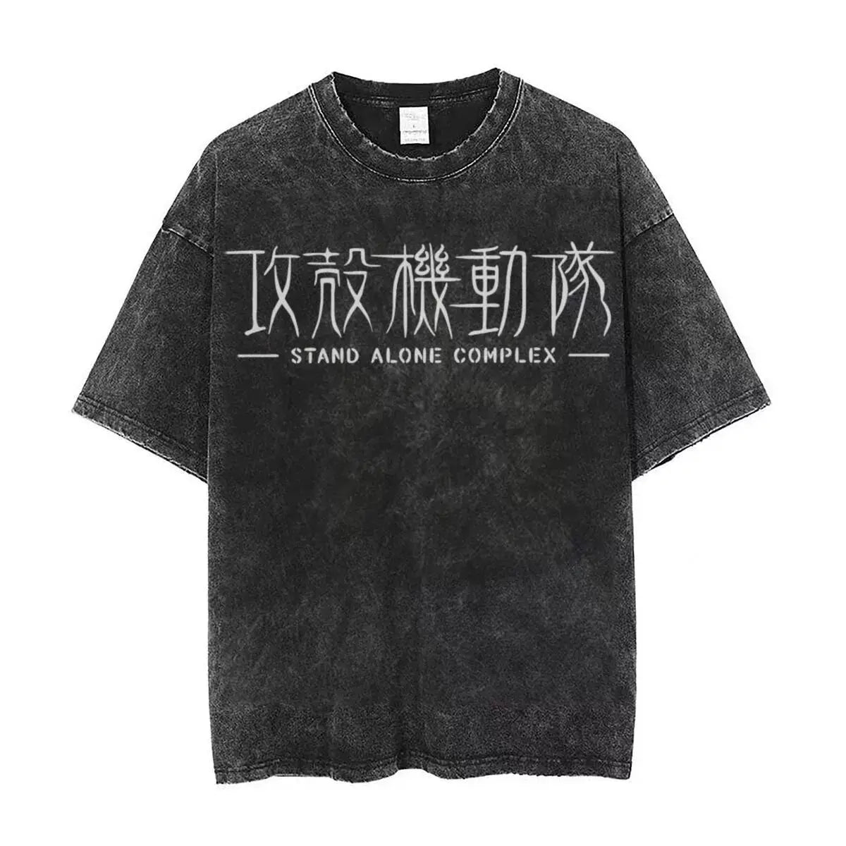 Anime Ghost in The Shell Kusanagi Motoko Print Tee Men Vintage Washed T-shirts Manga Casual T Shirt Harajuku Male Cotton Tshirt