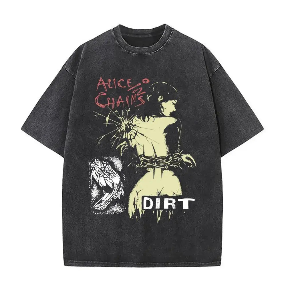 New in Top & Tees Mens T-Shirt Camisetas Rock Band Alice in Chains Dirt Washed Vintage Short Sleeved Round Neck Y2k Tshirt