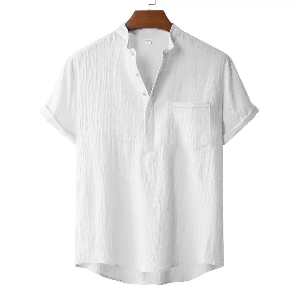 Men's Summer Cotton Linen T-shirt Beach Style Short SLeeve Henley Neck Vacation Hawaii Casual Lightweight Breathable Cozy Tops