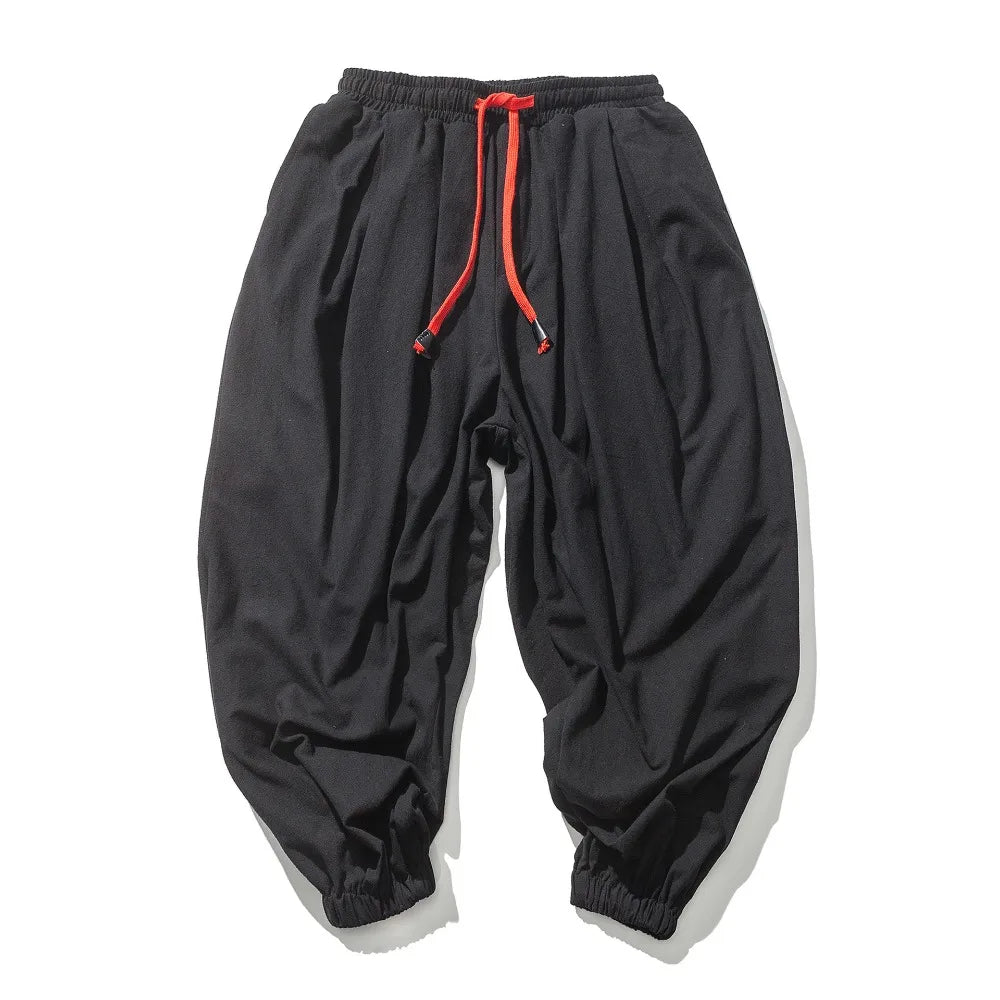 Men's Wide Leg Pants Loose Fit Casual Breathable Lightwight Solid Color Elastic Waist Trousers Cotton Linen Male Long Pants