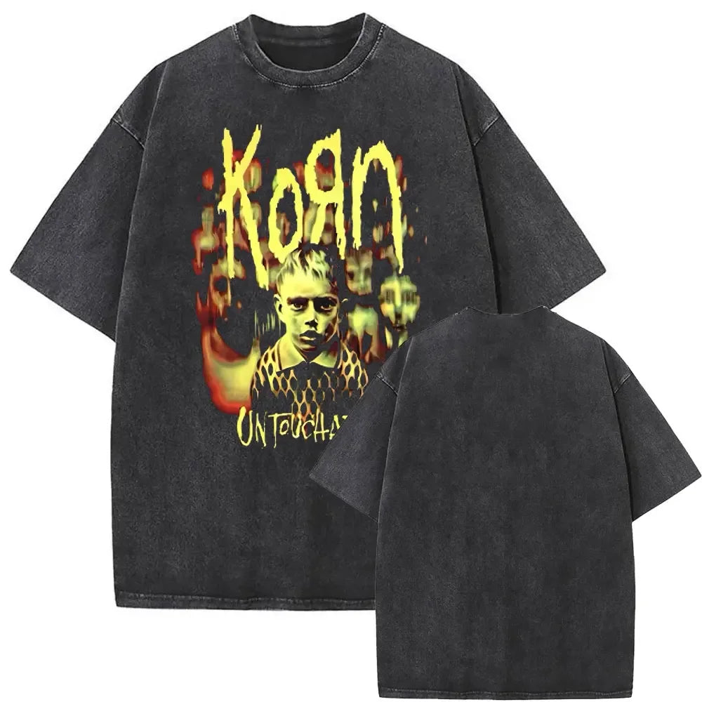Rock Band Korn Ftl 25 Follow The Leader Double Sided Print T Shirt Men Gothic Casual Oversized Tees Unisex Washed Vintage Tshirt