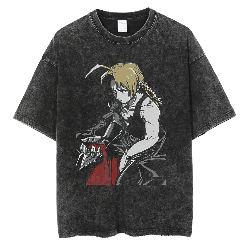 Anime Fullmetal Alchemist Logo Graphic Print T Shirt Men Women Vintage Manga Tshirts Washed Cotton T-shirt Harajuku Oversize Tee