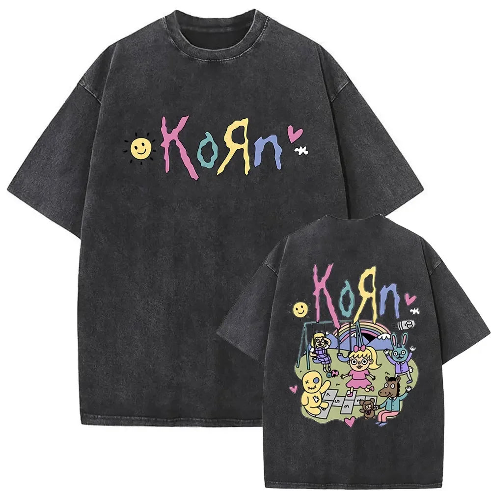 Rock Band Korn Ftl 25 Follow The Leader Double Sided Print T Shirt Men Gothic Casual Oversized Tees Unisex Washed Vintage Tshirt