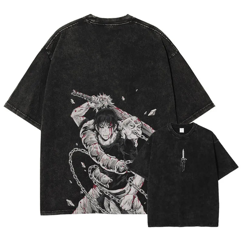 Anime Jujutsu Kaisen Gojo Satoru T Shirt Men Vintage Washed Black Tees Casual Streetwear Oversized Cotton Short Sleeve T-shirts