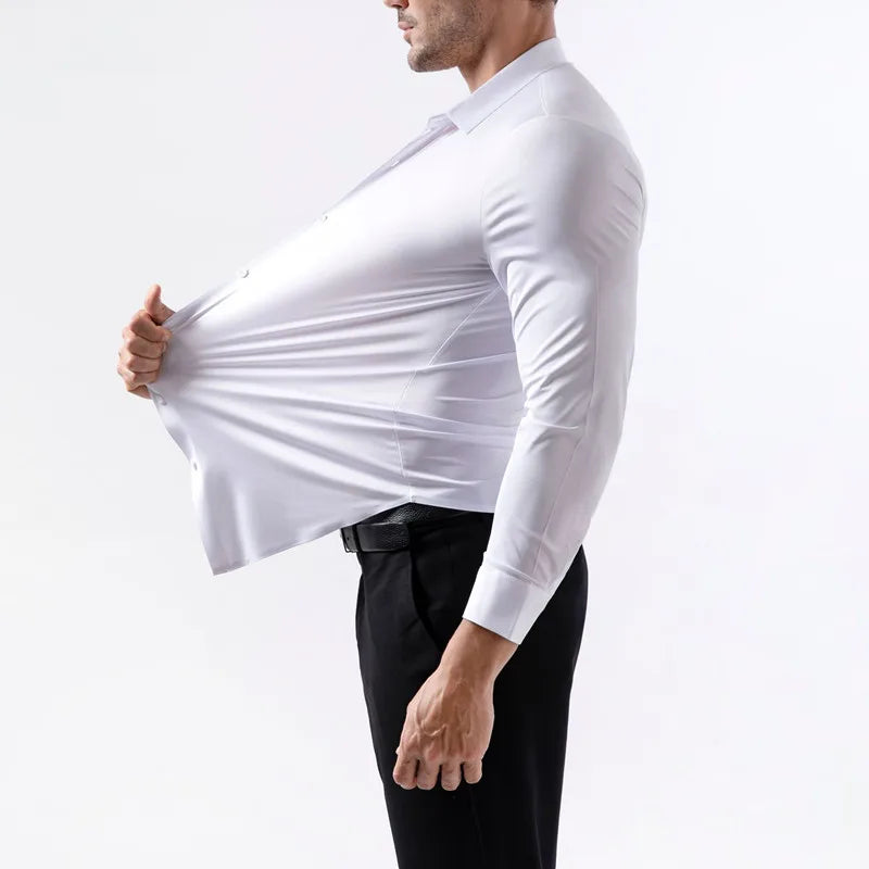 2025 High Elasticity Spandex Shirt Men Long Sleeve Spring Summer Slim Fit Casual Solid Color Social Formal Dress Shirts 100KG
