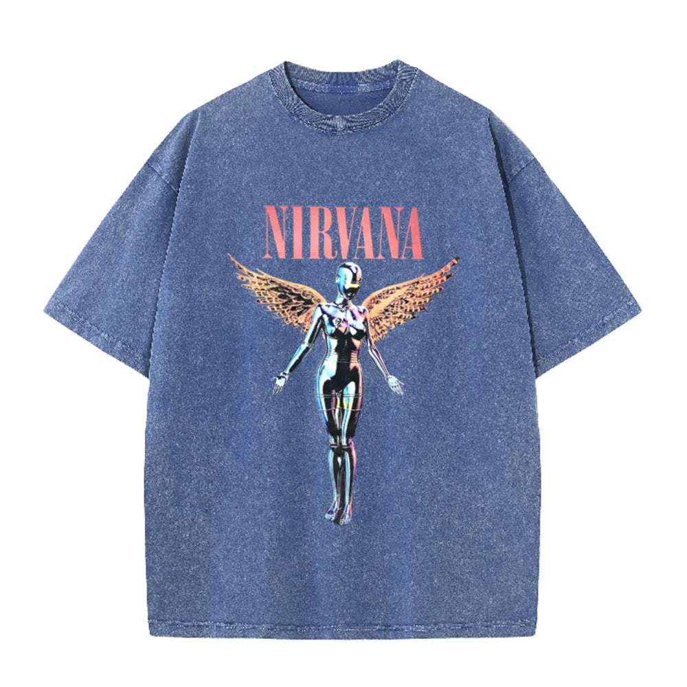 Nirvana Angel In Utero Print Vintage Washed T Shirt Rock Band Casual Top