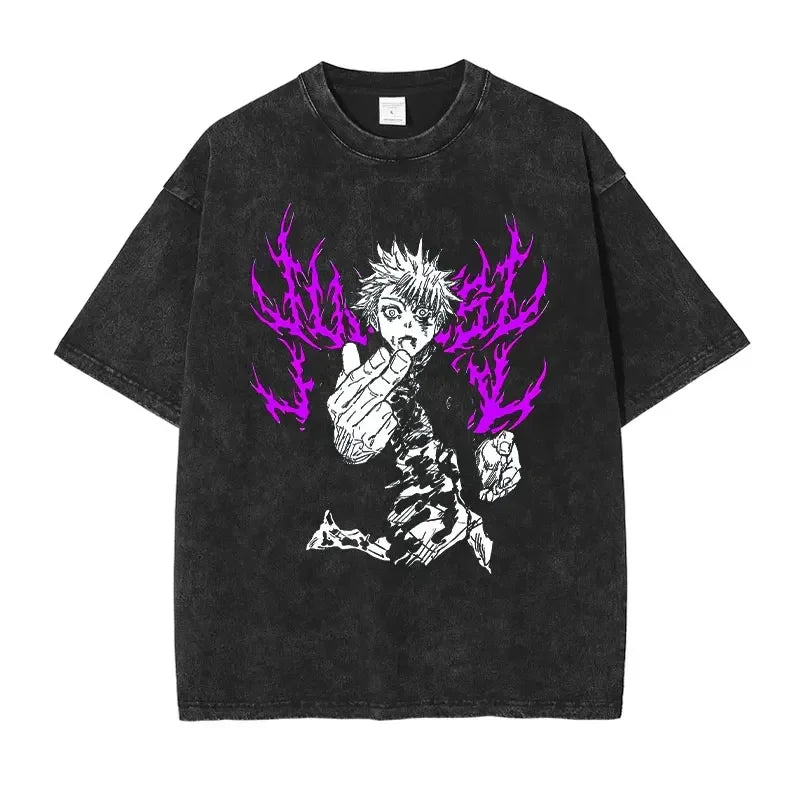 Anime Jujutsu Kaisen Gojo Satoru T Shirt Men Vintage Washed Black Tees Casual Streetwear Oversized Cotton Short Sleeve T-shirts