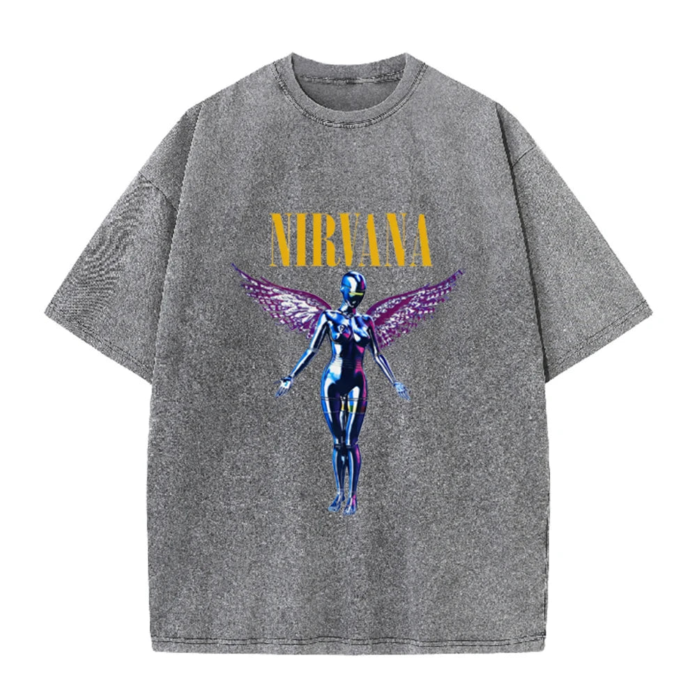 Nirvana Angel In Utero Print Vintage Washed T Shirt Rock Band Casual Top