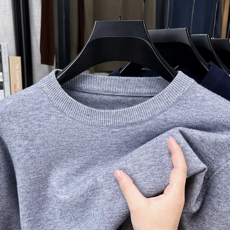 Soft Knit Men Crew Neck Long‑Sleeve Sweater Solid‑Color Plain Pullover Casual Business Basic Knitwear for Men