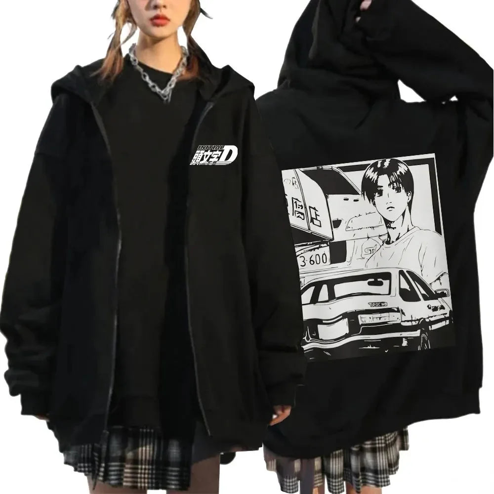 Anime Initial D Drift AE86 Zipper Hoodie Casual Vintage Zip Up Hooded Sweatshirts JDM Car Oversized Hoodies Cardigan Jacket Coat