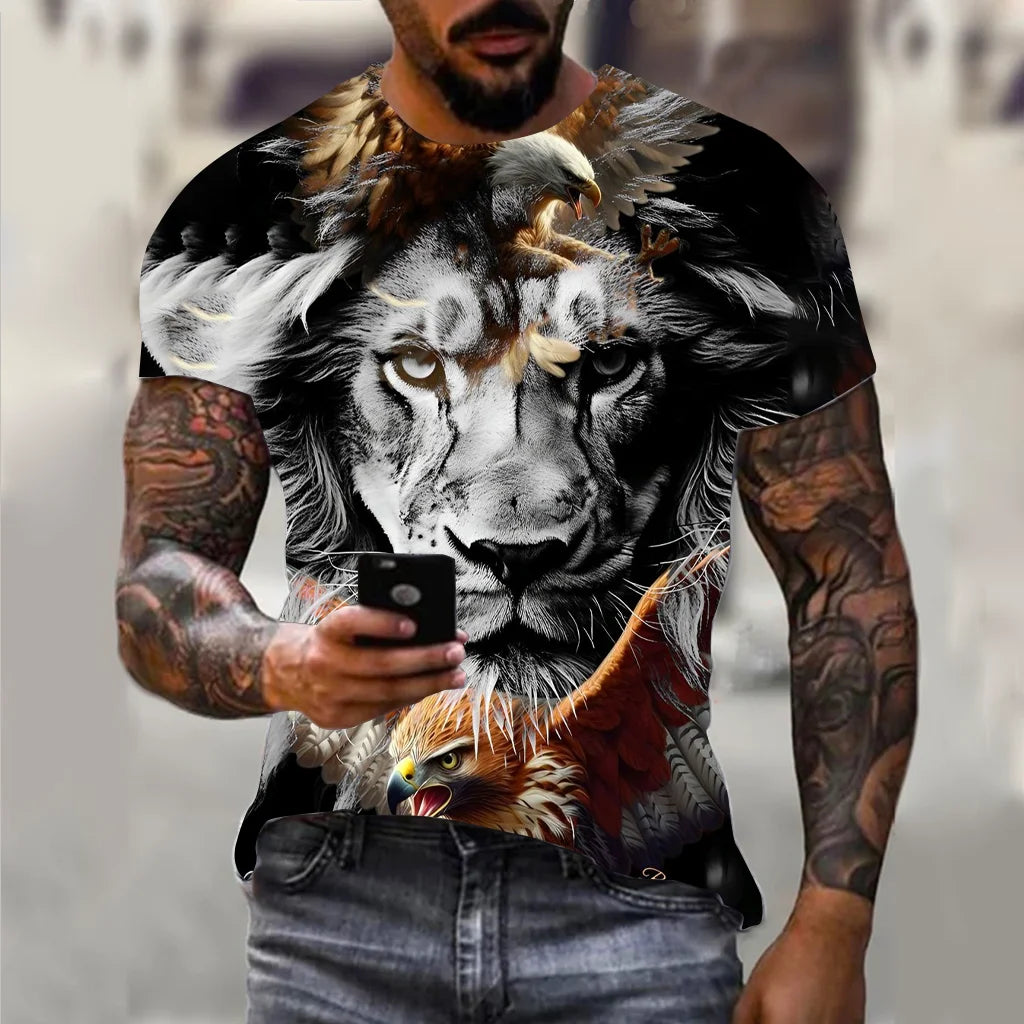 Harajuku Men's T-shirt Hip Hop Trend Street Casual Round Neck Short Sleeve Loose Top Fun 3D Animal Eagle Print T-shirt