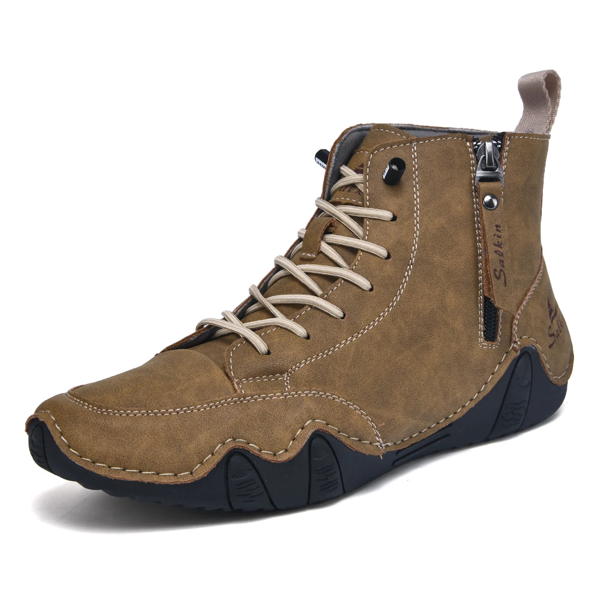 Men's Hand-Stitched Vintage Boots, Fashionable Solid Color Side Zipper High-Top Casual Shoes, Spring and Autumn Everyday Wear, Bare Boots, Outdoor Hiking Sneakers
