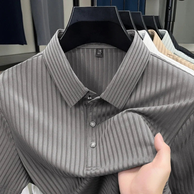 2026 New Men's Casual Fashion Striped Short Sleeved Collar Polo Shirt Breathable and Comfortable Summer Versatile T-shirt
