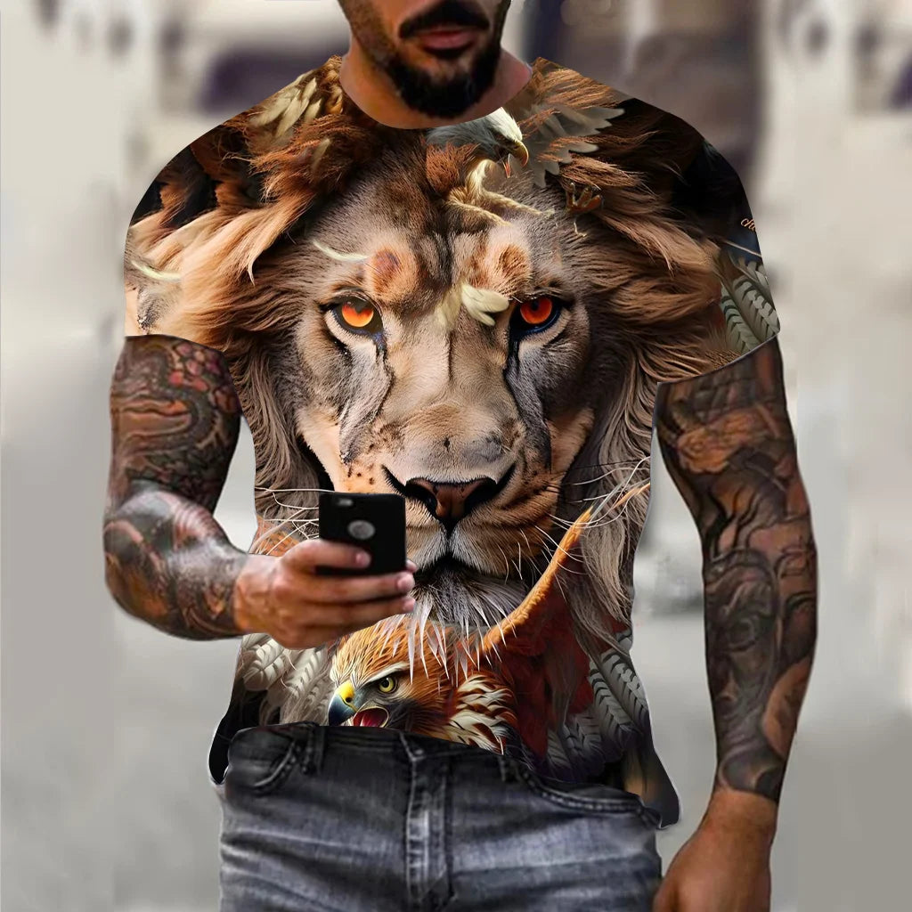 Harajuku Men's T-shirt Hip Hop Trend Street Casual Round Neck Short Sleeve Loose Top Fun 3D Animal Eagle Print T-shirt
