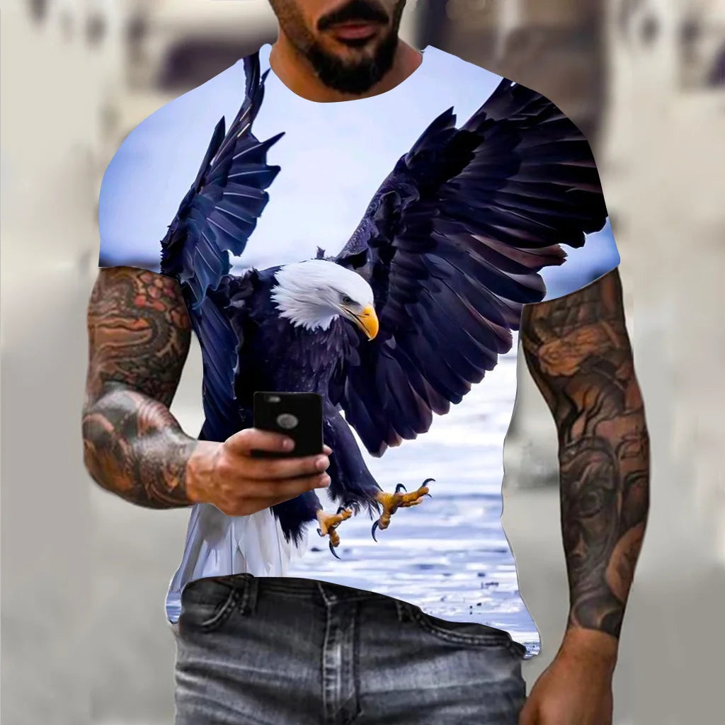 Harajuku Men's T-shirt Hip Hop Trend Street Casual Round Neck Short Sleeve Loose Top Fun 3D Animal Eagle Print T-shirt