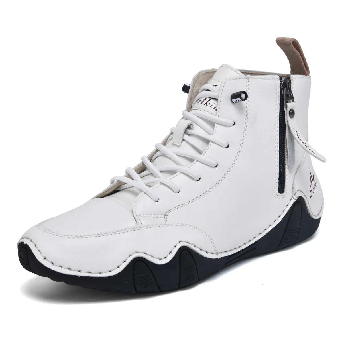Men's Hand-Stitched Vintage Boots, Fashionable Solid Color Side Zipper High-Top Casual Shoes, Spring and Autumn Everyday Wear, Bare Boots, Outdoor Hiking Sneakers