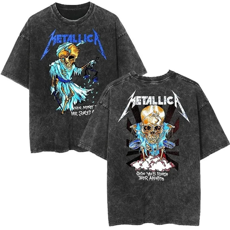 2026 and men women Classic washed T-shirt featuring the Metallica rock band Suitable for high-end luxurious outfits clothes