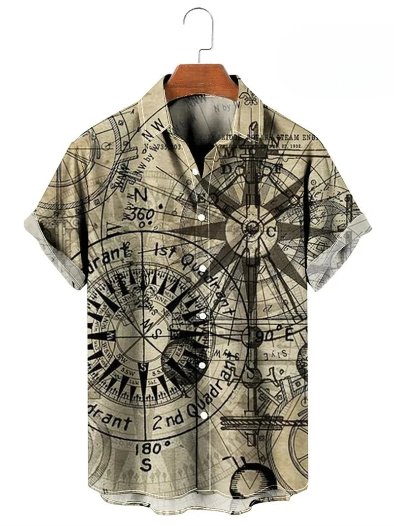 Vintage Button Up Shirt Man 3d Map Printed Short Sleeve Hawaiian Shirt Lapel Men's Clothing Casual Fashion Tops Oversized Tshirt