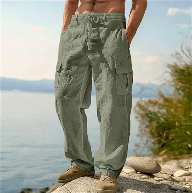 Men's Casual Trousers Loose Comfortable Cargo Pants Pants Man Cotton Linen Multi-Pocket Straight Trousers Beach Thin Men Pants