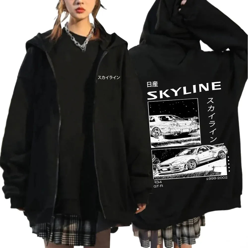 Anime Initial D Drift AE86 Zipper Hoodie Casual Vintage Zip Up Hooded Sweatshirts JDM Car Oversized Hoodies Cardigan Jacket Coat