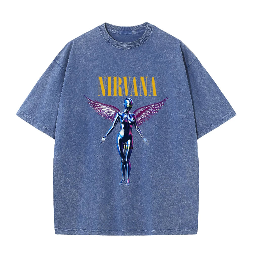 Nirvana Angel In Utero Print Vintage Washed T Shirt Rock Band Casual Top
