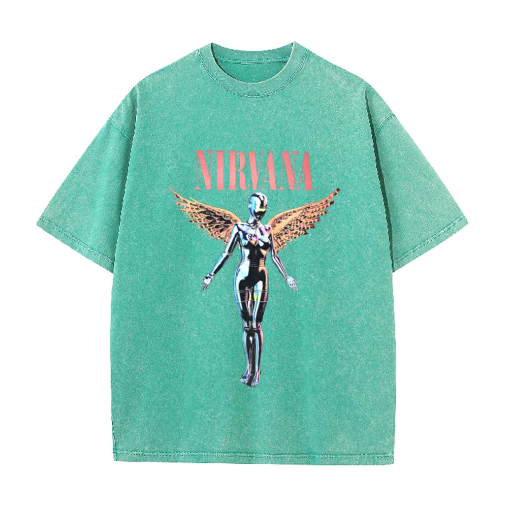 Nirvana Angel In Utero Print Vintage Washed T Shirt Rock Band Casual Top