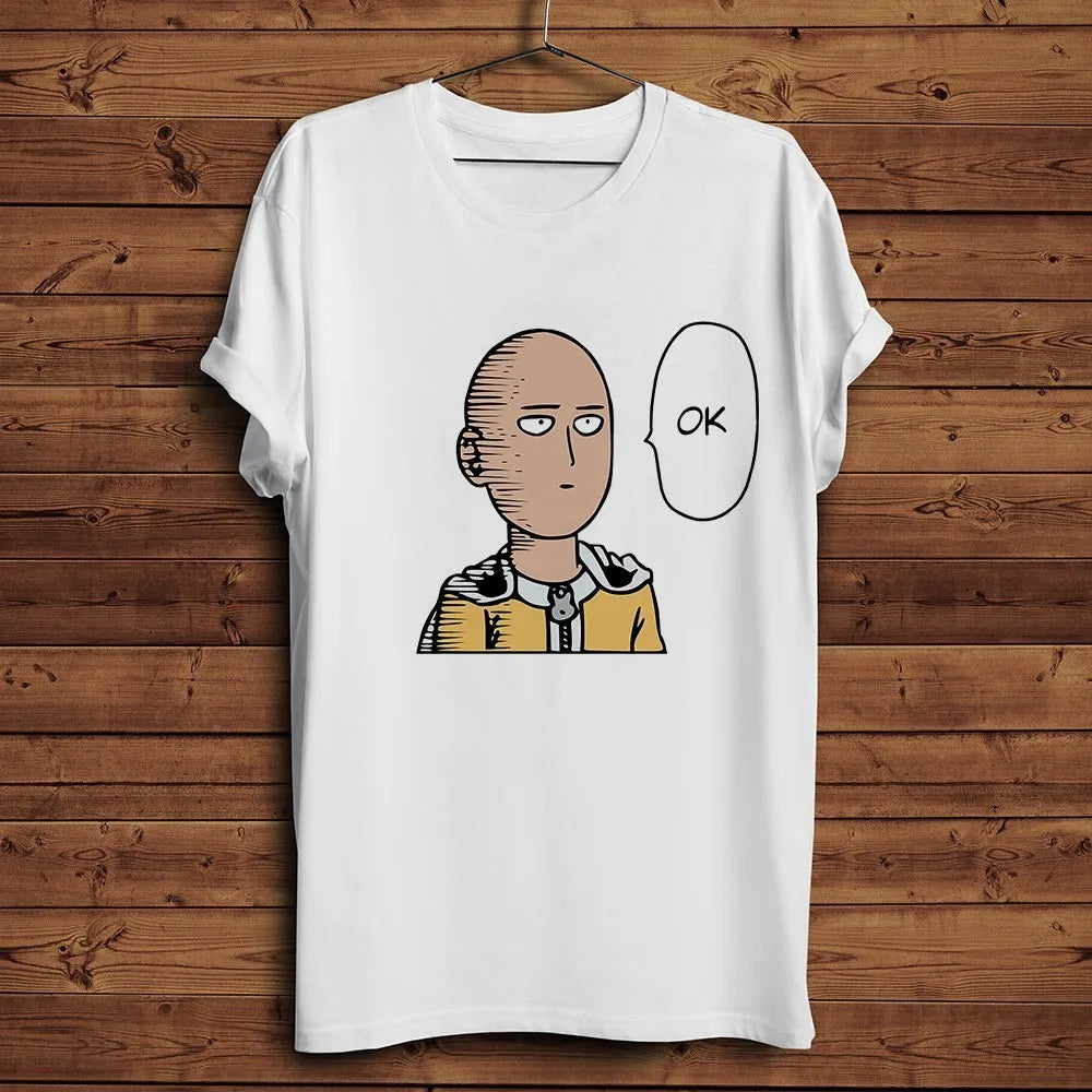 One Punch Hero, Saitama, OK MAN, Funny Anime Tshirt, Men White Casual Short Sleeve T-Shirt, Unisex Streetwear, Manga Tee
